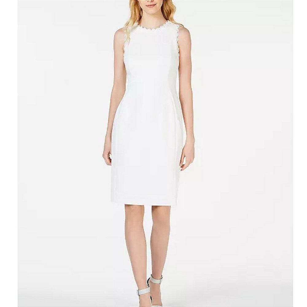 Calvin Klein White Sleeveless Sheath Dress Floral Lace Trim Size 2 CD8C167L